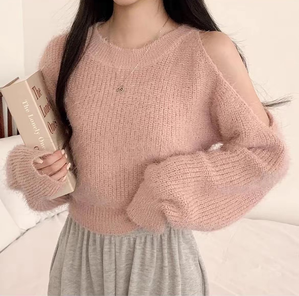 Korean Chic Autumn and Winter Short Off-Shoulder Sweater Imitation Mink Pure Color Round Neck Sexy Plush Velvet Pullover Knitted Top