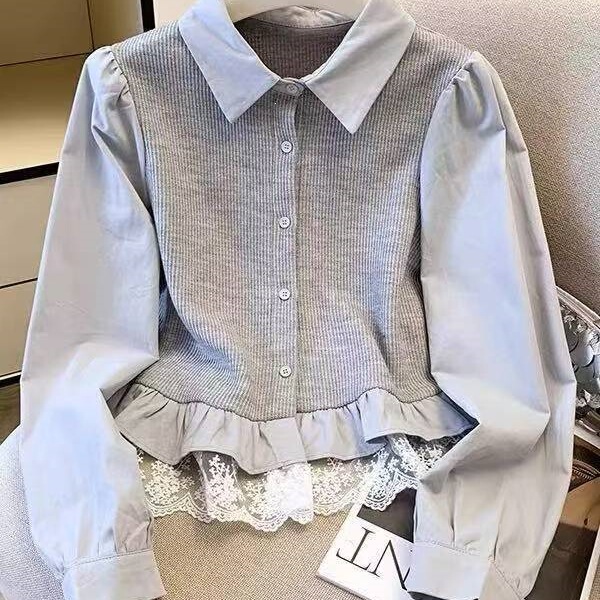 French-style new 2026 long-sleeve shirt with doll lace splicing, faux two-piece base shirt for women, suitable for layering in spring and autumn