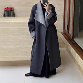 2025秋冬新款高端高个子撞色款双面羊绒大衣女长款系带羊毛呢外套