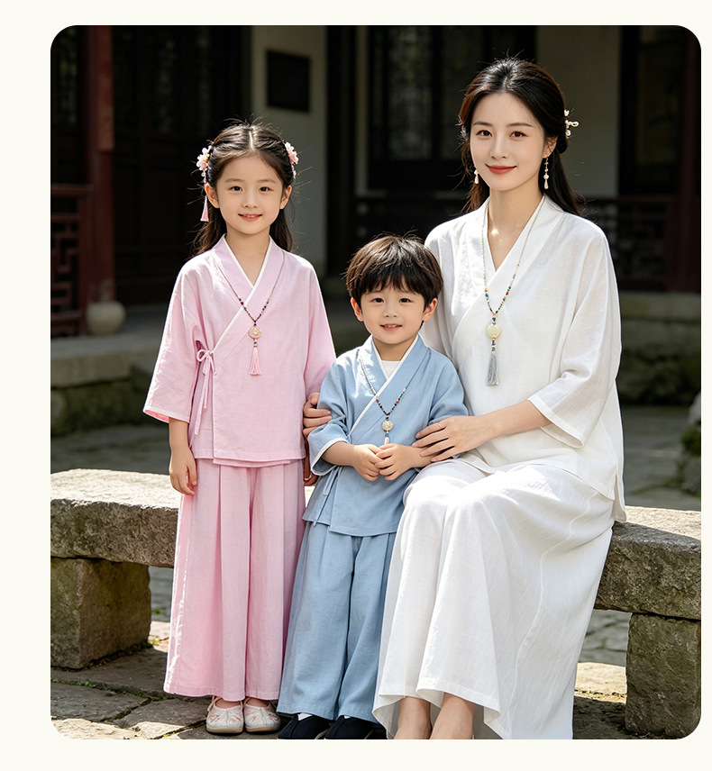 Váy mẹ con Hán phục cải tiến tay lỡ mùa hè chất liệu lanh pha sợi Lyocell phong cách Tân Trung Quốc — Màu hồng - Váy chi tiết 11