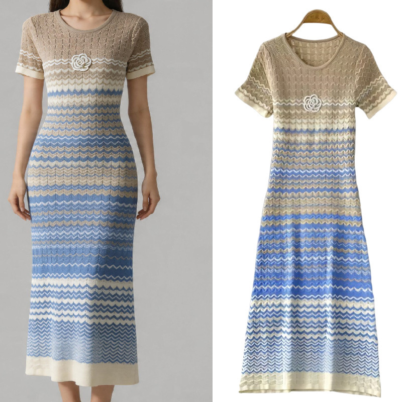 2026 Summer New Cross-Border Elegant Dopamine Gradient Striped Chanel-Style Bodycon Knit Long Dress for Women 2026 Summer New Cross-Border Elegant Dopamine Gradient Striped Chanel-Style Bodycon Knit Long Dress for Women