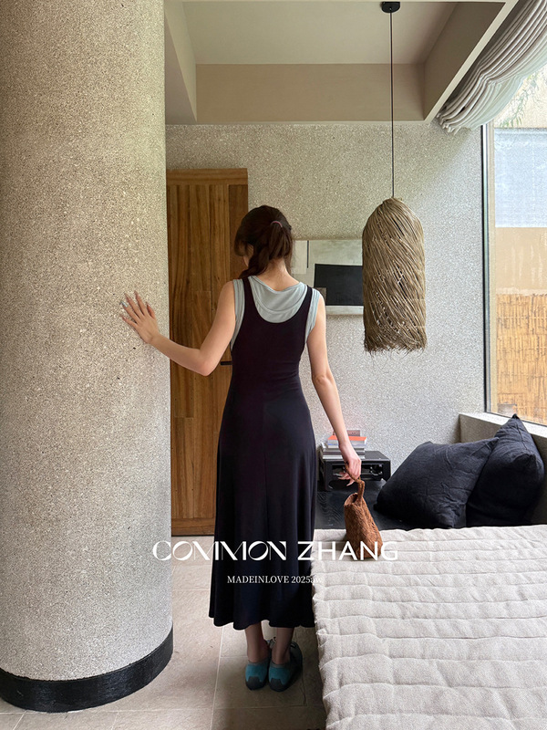 CZ ZHANG假两件学院风无袖连衣裙女撞色拼接高腰A字长裙 B36266|undefined