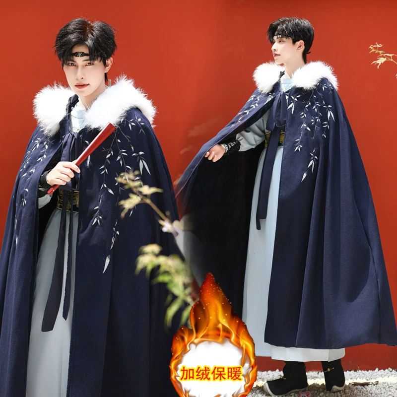 Оригинальный плащ Hanfu двухсторонний теплый бархат толстый мужской супер большой размер съемный большой шерстяной воротник плащ зимой