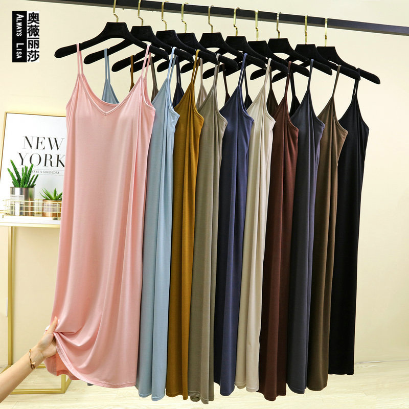 Women's One-piece V-neck Sling Base Skirt with Chest Pad Summer Long Nightgown Home Skirt Outer Wearing Dress