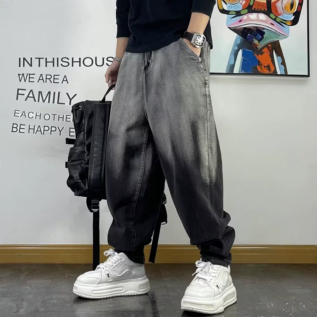 2024 Осень Новые черные джинсы с градиентом Мужские свободные повседневные джинсы, идеально подходящие для американского модного бренда Мужские джинсы