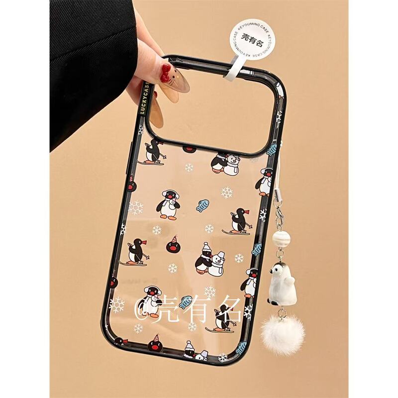 Black Frame Full Screen Snowflake Snowman Ski Penguin Pendant Suitable for Apple 17 Mobile Phone Case Iphone16/15/14 Hard
