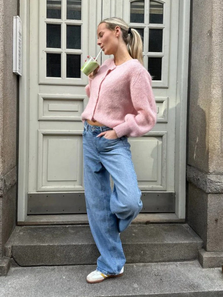 Áo cardigan len dệt kim dáng mỏng nhẹ cài nút một hàng, tay dài cổ tròn nữ — hoa hồng đỏ, màu be, màu cam, màu hoa cà chi tiết 52