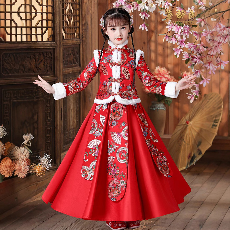 Y Girls' Hanfu Dress Winter Outfit New Year's Clothing Princess Dress Children's Dress Fleece-Lined New Year's Greeting Outfit Winter