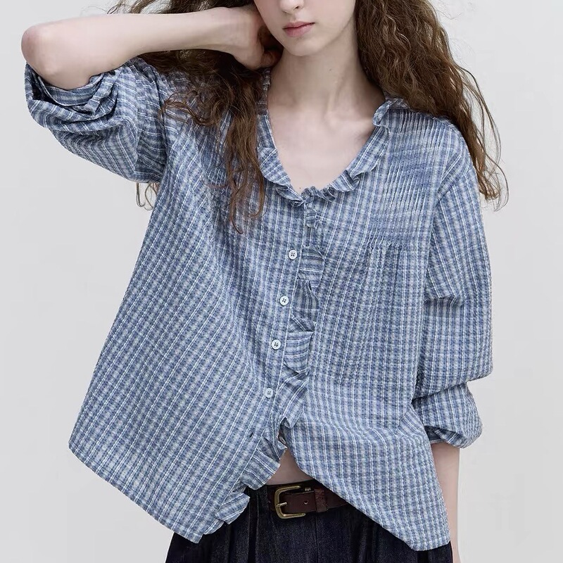 Nordic Nord retro plaid color-blocking micro-bubble texture V-neck lace collar shirt for women