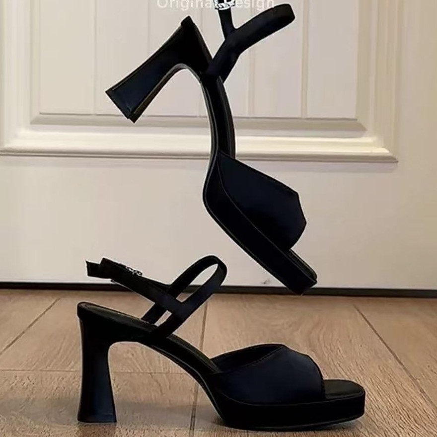 Silk Satin Square Toe Open Toe Sandals Women's Thick Heel 8cm Waterproof Platform 2cm Elegant High Heels 2025 New