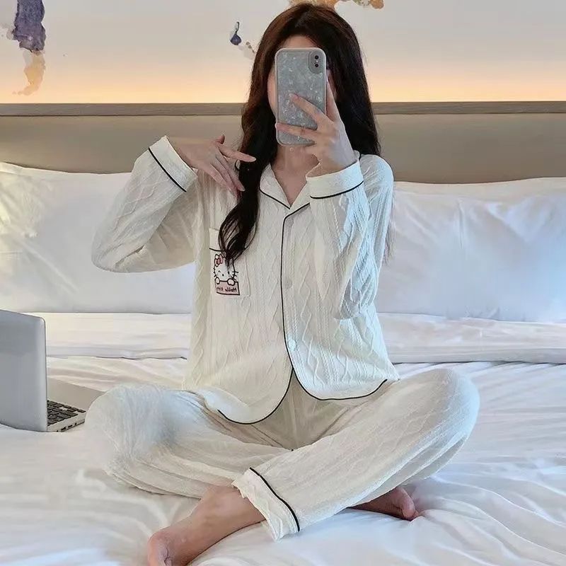 Al por mayor transfronterizo primavera y otoño nuevo algodón jacquard pijama de manga larga de mujer cardigan con solapa dulce encantador conjunto de ropa para el hogar