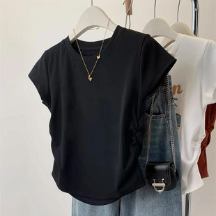 Threaded Right Shoulder Short-Sleeved Shirt for Women 2025 Summer New Design Slimming Pleated Slim Versatile Short Top
