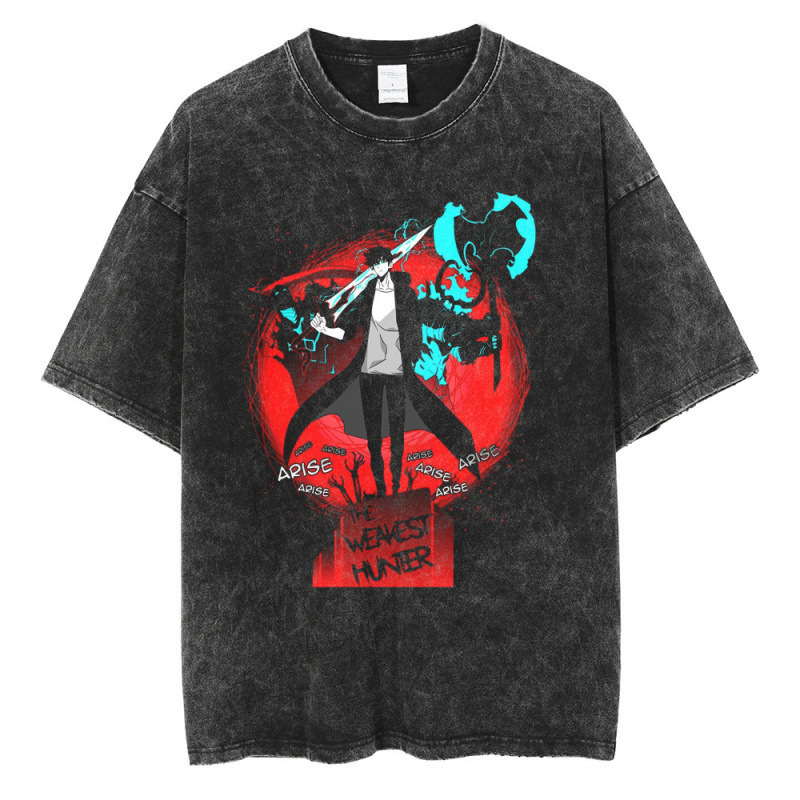 Vintage-Style Solo Leveling Anime Series Street Retro Washed T-Shirt Short-Sleeve Casual Versatile Vintage-Style Solo Leveling Anime Series Street Retro Washed T-Shirt Short-Sleeve Casual Versatile