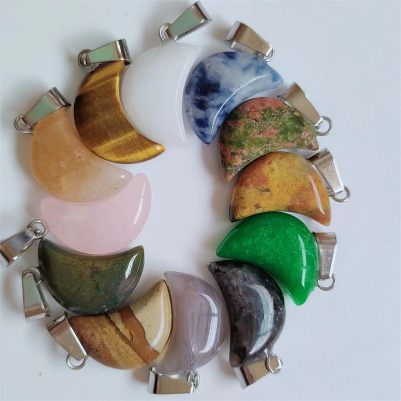 Natural Crystal Mini Moon Pendant, Colorful Cat's Eye Mini Crescent Necklace, Handmade Earrings, Jewelry Accessories