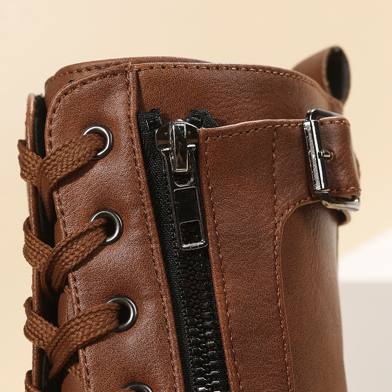 Booties with side zippers chunky heels plus size women's boots_voghion.com