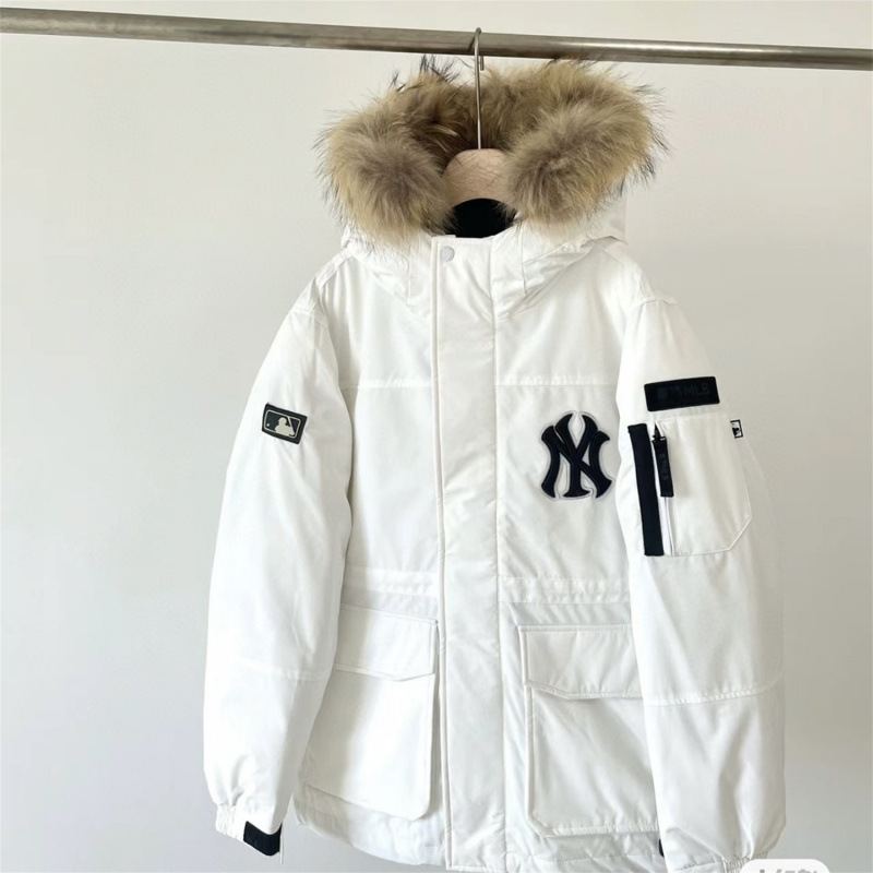 韩国跨境MLB羽绒服洋基队工装大毛领中长款男女款白鸭绒派克外套|undefined