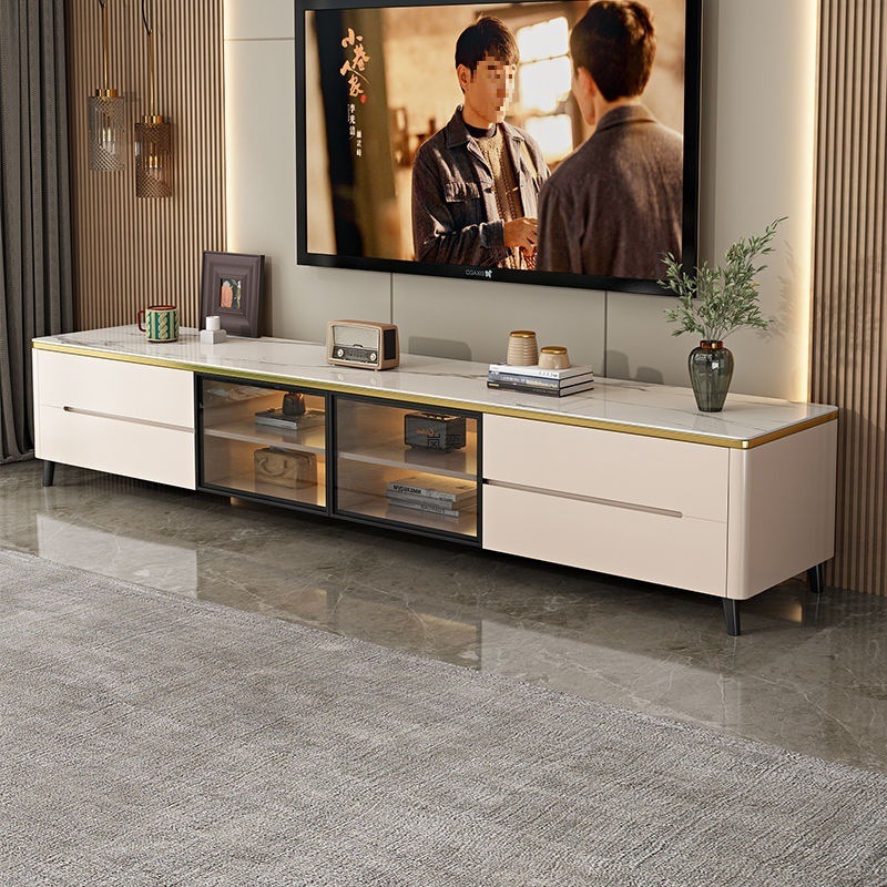 Minimalist Light Luxury Solid Wood Slate Tv Cabinet Coffee Table Combination Small Apartment Tempered Glass Floor-Standing Storage Cabinet
