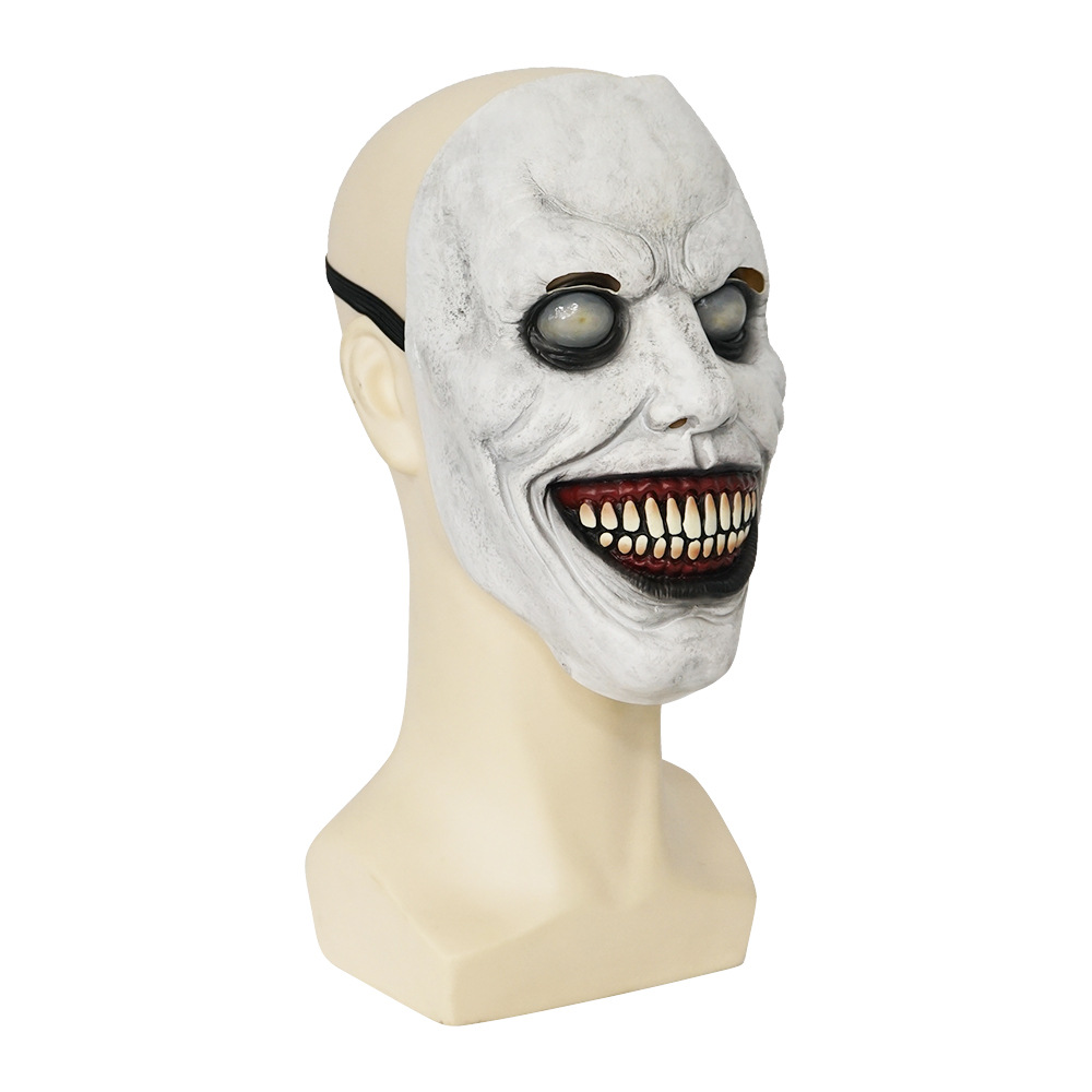 Fabricante en stock máscara cos sonrisa exorcista ojos blancos divertido látex media cara capucha Halloween horror máscara