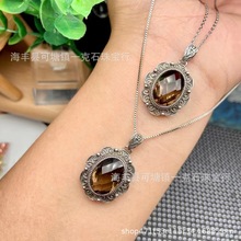 天然切面茶水晶吊坠复古风格镶嵌超闪多角度切面吊坠茶晶项链吊坠