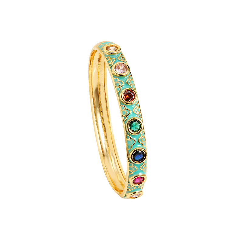 Nuevo estilo chino antiguo oro galvanizado 18k pulsera ligera de lujo colorido zirconio goteo de aceite anillo abierto joyas de nicho