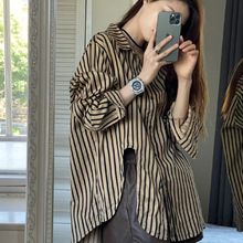 韩系高级感条纹开叉衬衫2025春夏新款宽松衬衣别致法式复古上衣女