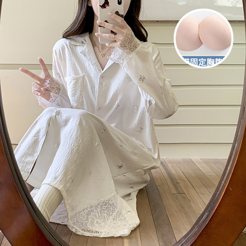云朵棉睡衣女春秋季新款带胸垫开衫长袖睡裙宽松薄款衬衫裙家居服|undefined