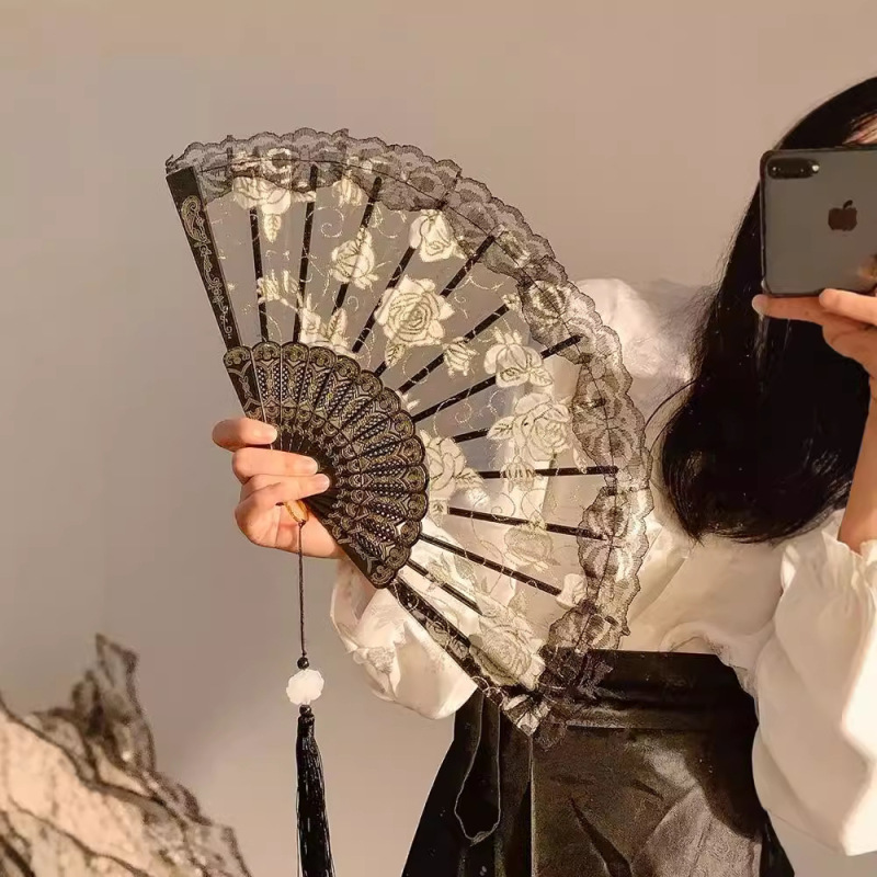 ローズレースファン中国扇子ダンス扇子写真漢服チャイナドレス写真古代スタイルポーズインターネット有名人小道具|undefined