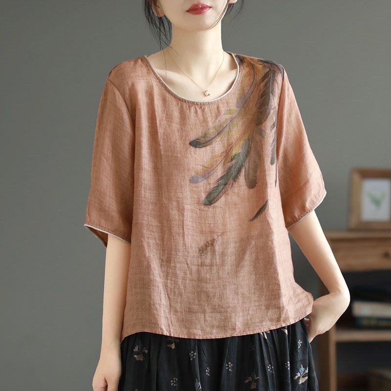 Cotton and linen summer new retro artistic printed loose elegant loose slimming thin high-end shirt women's top