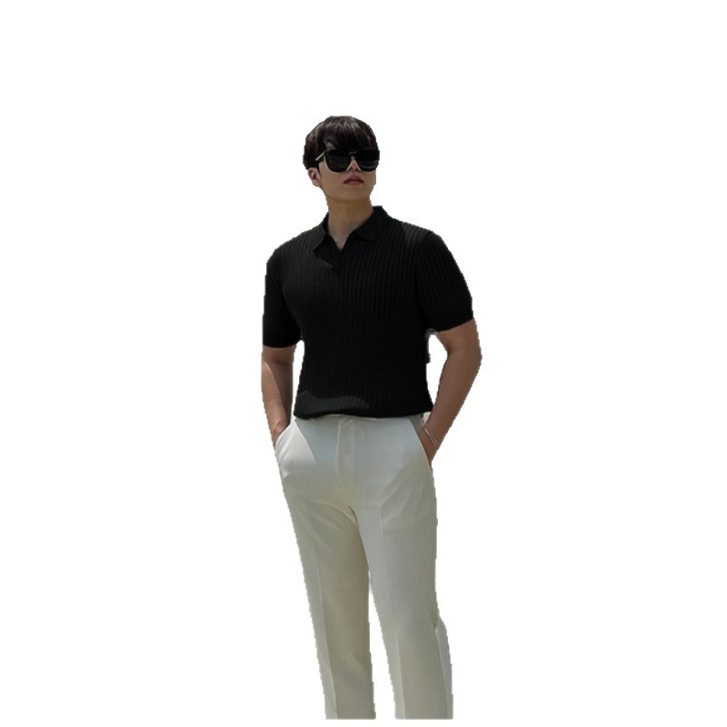 Polo de seda de hielo americano suéter delgado de manga corta con cuello apilado en forma de v para hombre camiseta de punto de manga ajustada fresca y transpirable