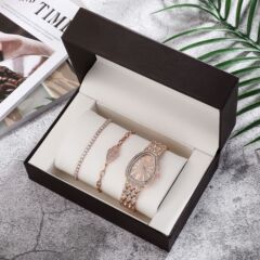 Korean Version New Product Live Streaming Dropshipping 3-Piece Set Diamond Accent British Style Women's Watch Set with Titanium Steel Bracelet Droplet Design