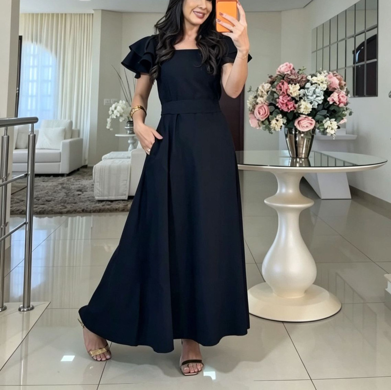 Spring 2026 European and American Amazon cross-border waist-cinching long dress with pockets, formal women's clothing Spring 2026 European and American Amazon cross-border waist-cinching long dress with pockets, formal women's clothing