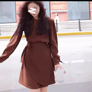 浓情 浓浓秋意 叠片修身系带  9065摩卡咖啡连衣裙长袖