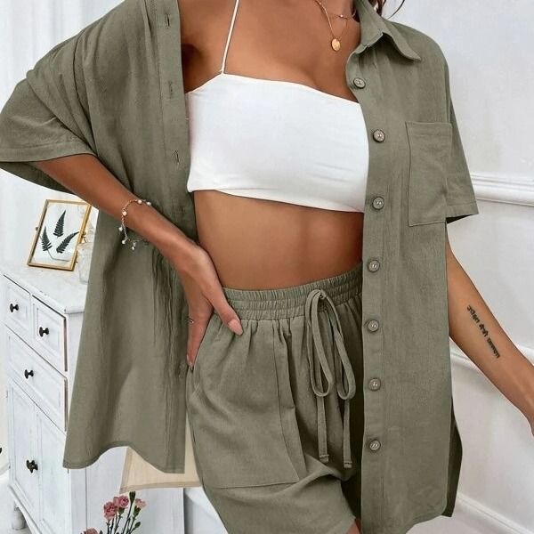 Women's Clothing Women's Casual Loose Short Sleeve Shirt Set Solid Color Single Breasted Two Piece Summer Fashion Shorts Style_voghion.com
