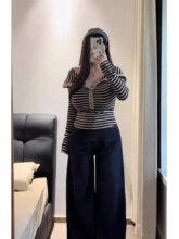 大码条纹一字肩纽扣长袖打底衫女春季胖mm收腰显瘦设计感内搭上衣