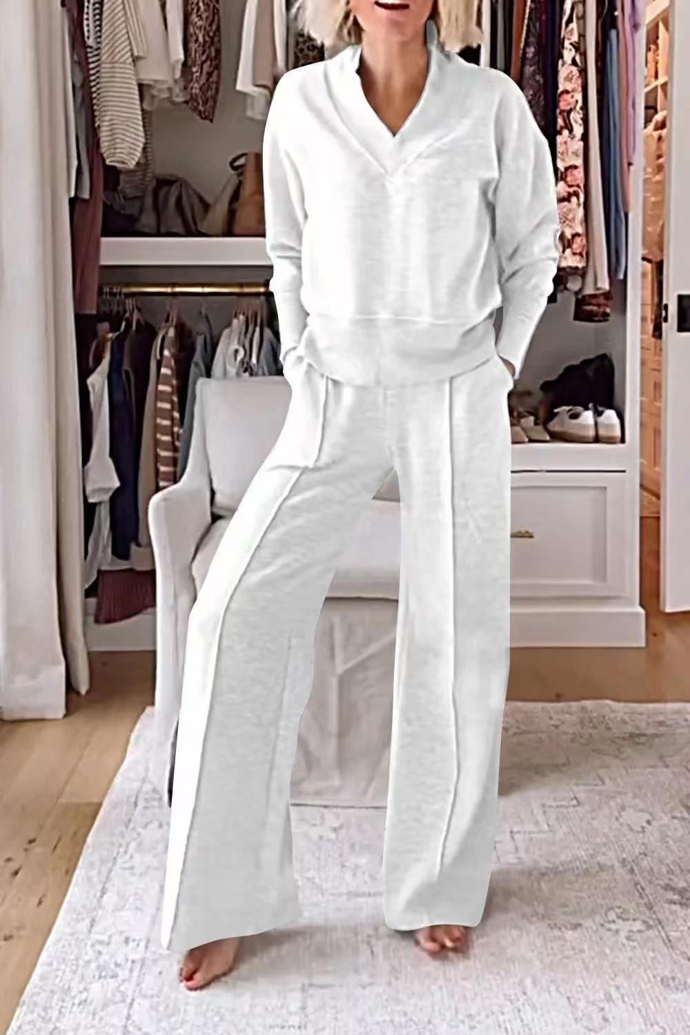 2026 Fall/Winter Cross-Border European And American New V-Neck Long-Sleeve Loose Solid Color Women's Fashion_ecoleips.com
