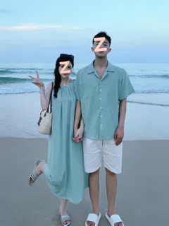 情侣装夏装沙滩裙套装短袖衬衫海边度假背心无袖女连衣裙一衣一裙