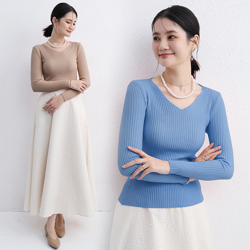Suéter de las mujeres Otoño e Invierno japonés SLIM-Fit multicolor sin costuras suéter con cuello en V estilo occidental ropa interior de manga larga Top apretado Letian