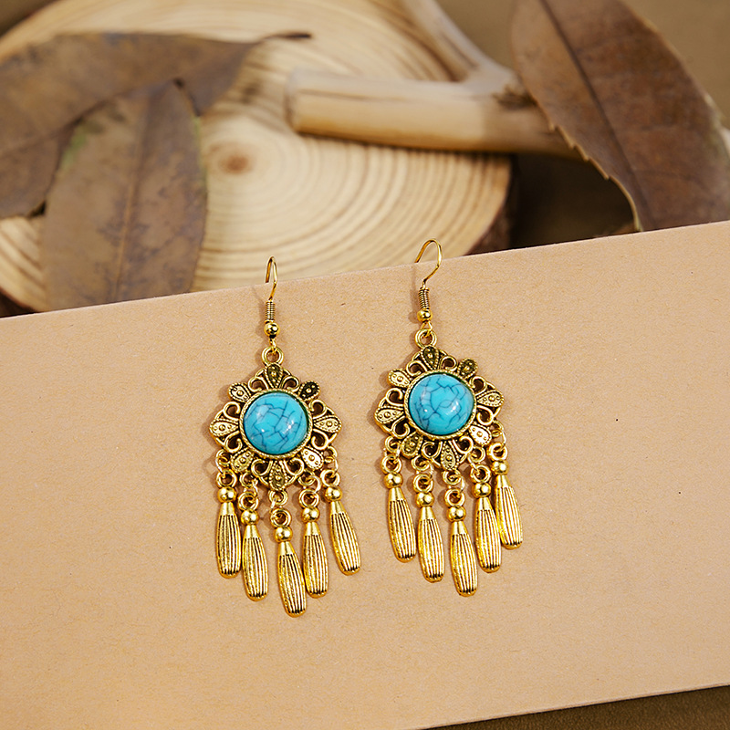 Ethnic Style Bohemian Geometric Alloy Tassel Plating Inlay Turquoise Rhinestones Women's Drop Earrings 1 Pair display picture 16