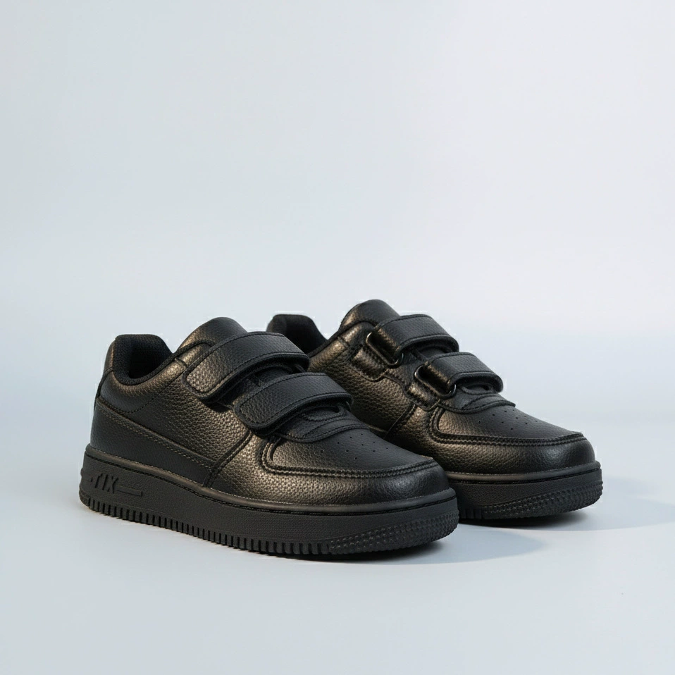 Детские кожаные кроссовки 2026: классические черные низкие кеды из зернистой кожи на липучке, легкие, для школы и спорта