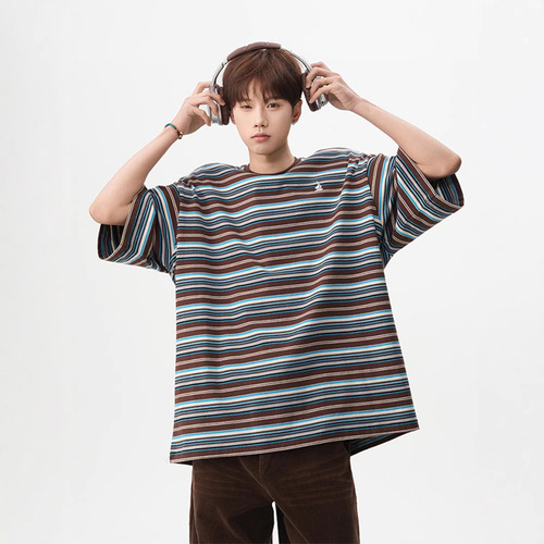 American Heavyweight Navy Blue Sweatshirt Short-Sleeve Men's Summer New Trend Loose Casual Color Block Silhouette Five-Sleeve Versatile Top