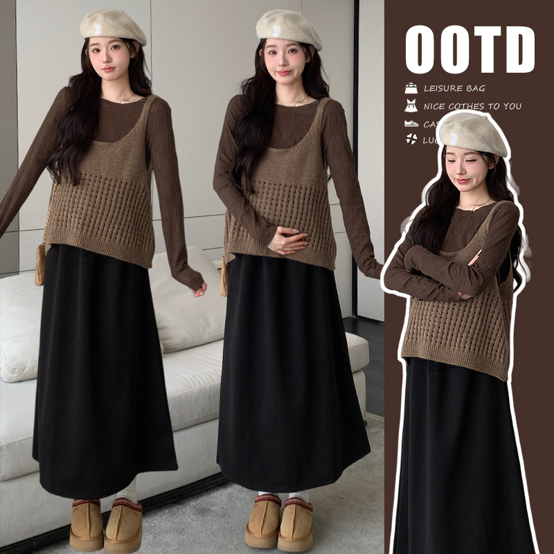 孕妇装2025秋冬新款韩系穿搭镂空马甲打底上衣毛呢半身裙三件套装