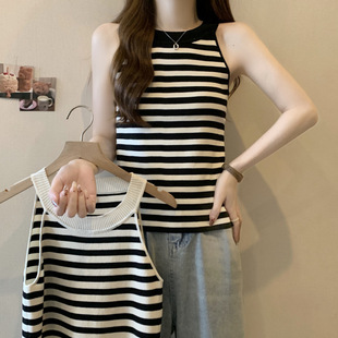 2025 Plus Size Fat mm Inner Stripesd Knitted Vest Suspender Women's New Summer Sleeveless Thin Age-Reducing Top