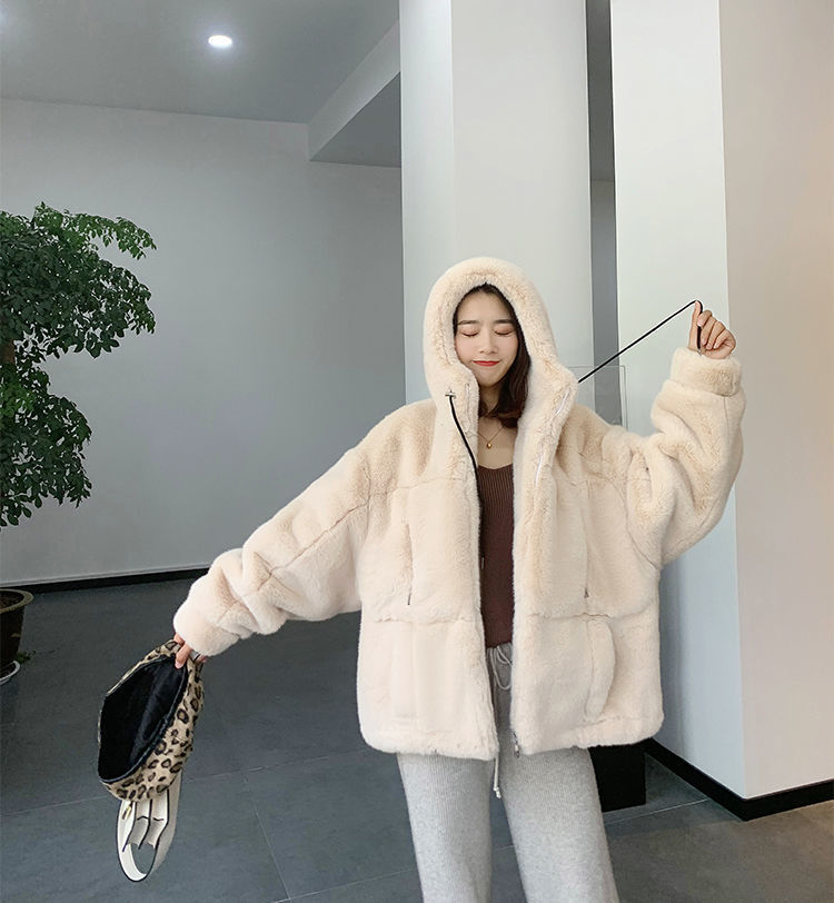 2022 Autumn and Winter New Imitation Fur Coat Women's Imitation Rex Rabbit Fur Hooded Plush Coat Loose Warm