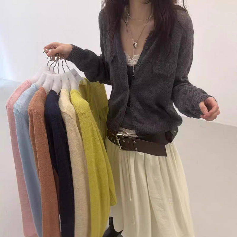 Mona Xh2026 Spring New Korean Style Solid Color Gentle Versatile Round Neck Candy Color Knitted Cardigan Top for Women Mona Xh2026 Spring New Korean Style Solid Color Gentle Versatile Round Neck Candy Color Knitted Cardigan Top for Women