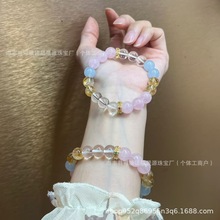 新款小清新仙女风多巴胺天然黄塔晶粉水晶蓝玉髓圆珠手链寺庙批发