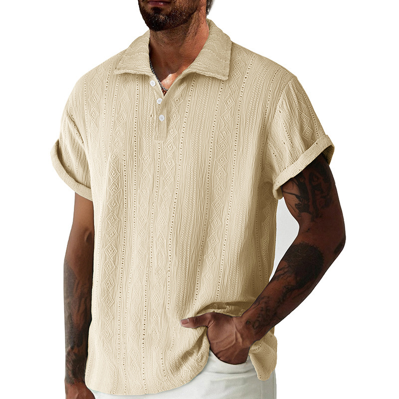 Cross-Border European and American Men's Short-Sleeved Loose Knitted Jacquard Polo Shirt Foreign Trade Men's Clothing Lapel Top Beach Shirt