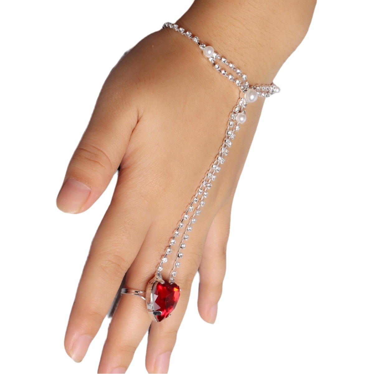 Fashion Jewelry Rhinestone Multicolor Heart Ring Bridal Jewelry Seven Fairy Finger Chain Integrated Chain Jewelry Wholesale