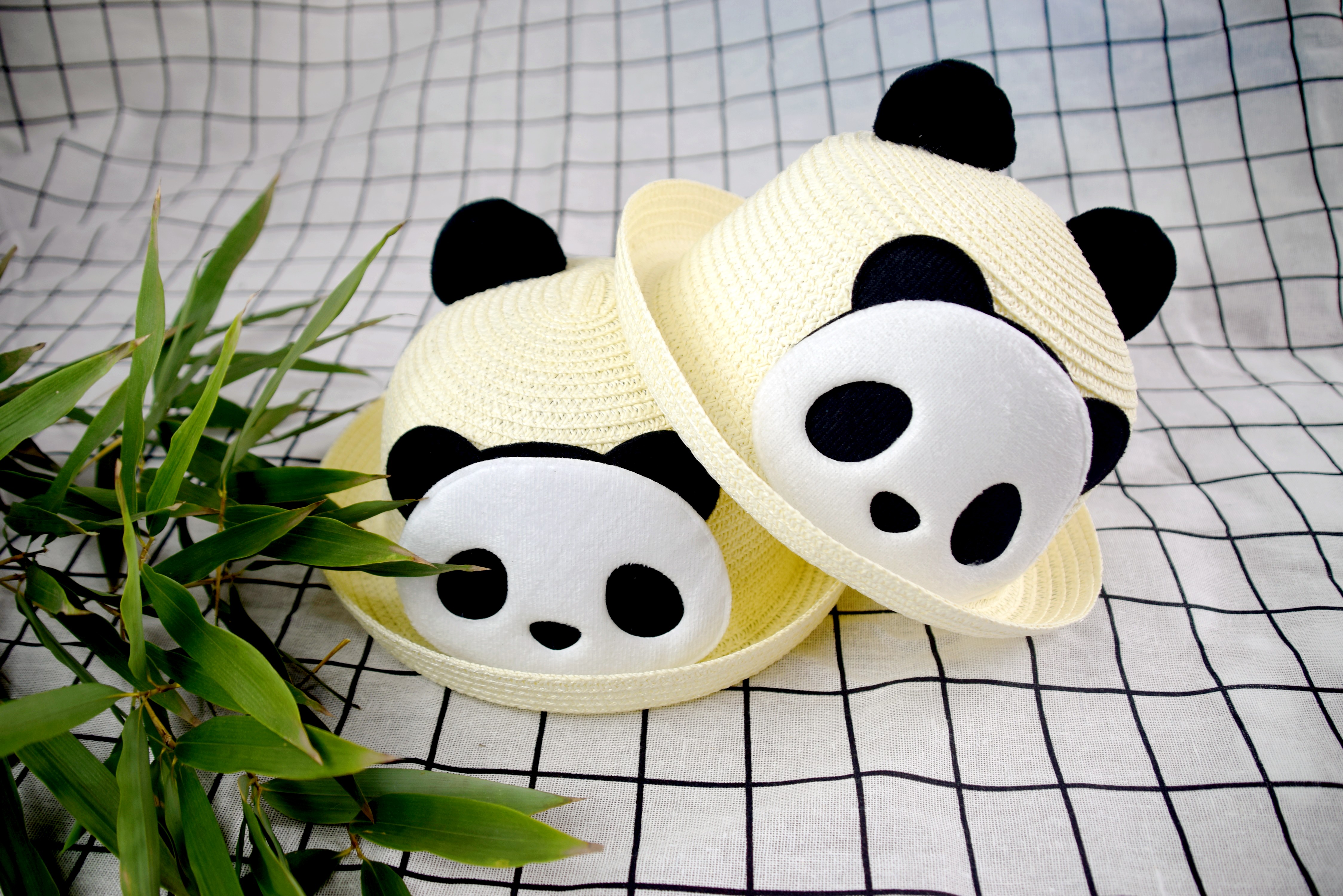 新款熊猫草帽防晒太阳帽防晒遮阳亲子帽波浪草帽成都熊猫乐园同款