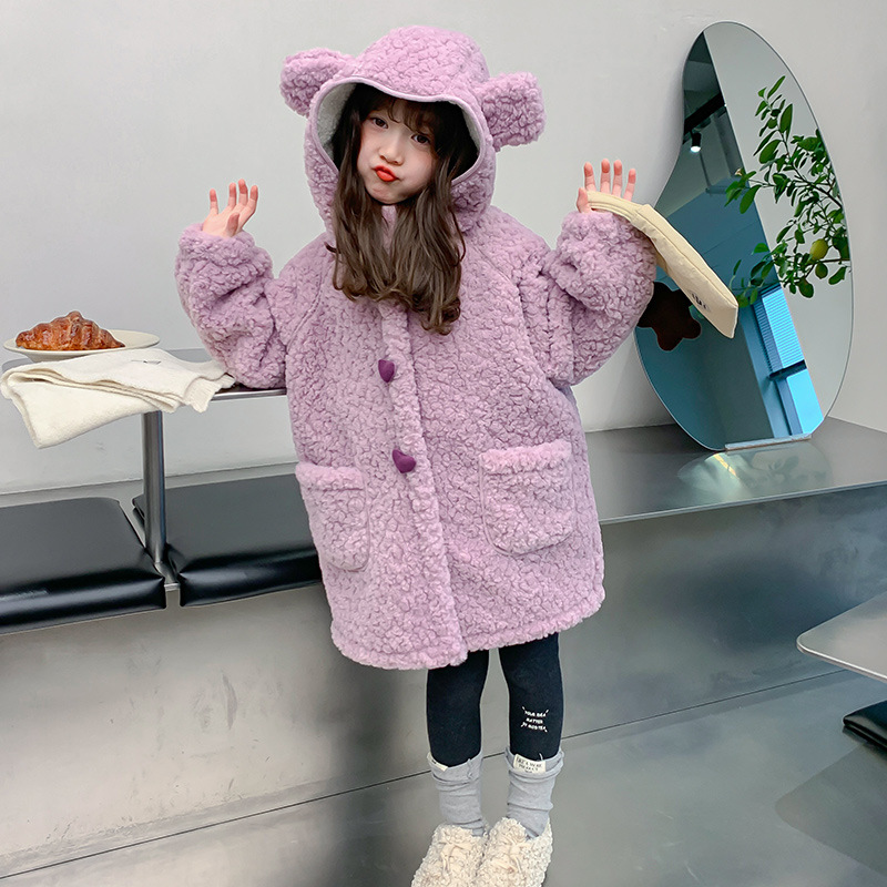 (2개) 여자 벨벳 코트 겨울 2024 새로운 스타일 어린이 겨울 두꺼운 어린 소녀의 양고기 봉제 탑 트렌디