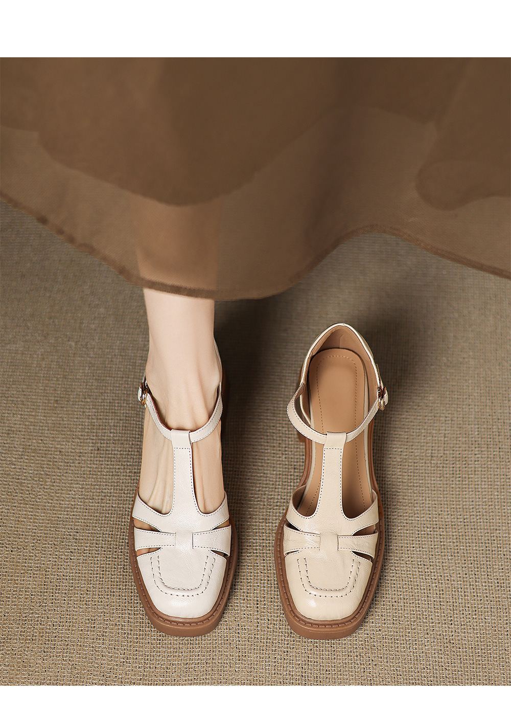Sandal nữ quai hậu da thật dệt kiểu retro, gót dày, mũi nhọn, đế mềm — Màu trắng nhạt chi tiết 1